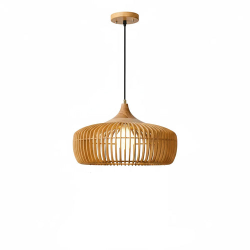 Wooden pendant lamp with black hanging elements on a white background