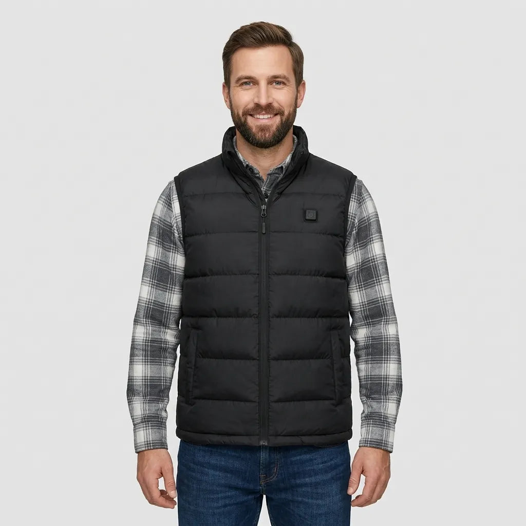 Man wearing black heated gilet outdoors