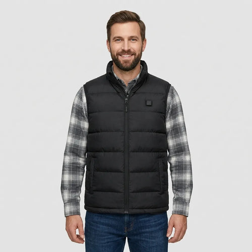 Man wearing black heated gilet outdoors