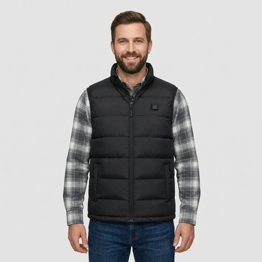 Man wearing black heated gilet outdoors