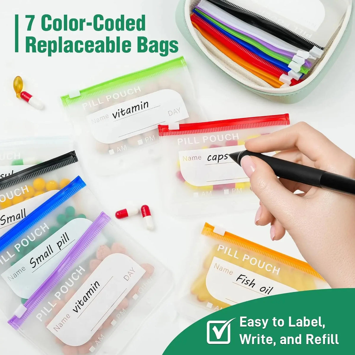 WeekPouch™ Portable Medicine Case — 14 Labelled Zip Pouches