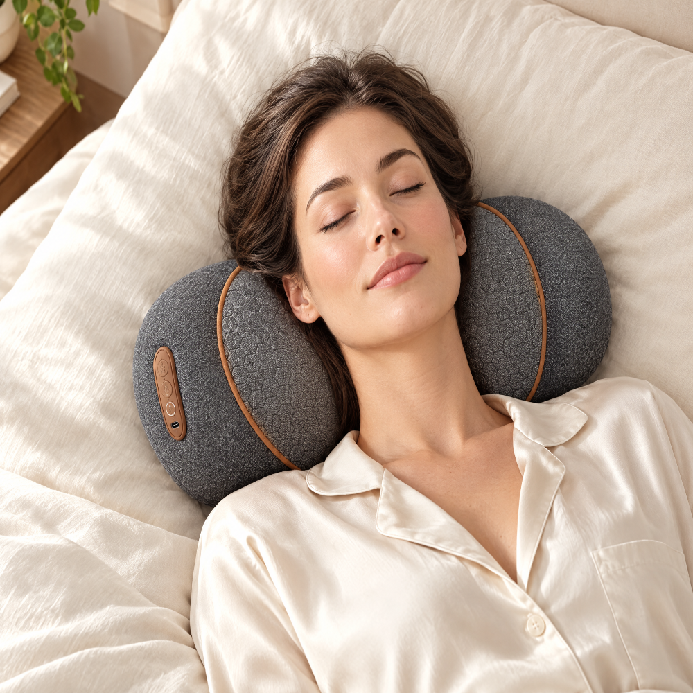 Woman resting on the neck pillow in bed