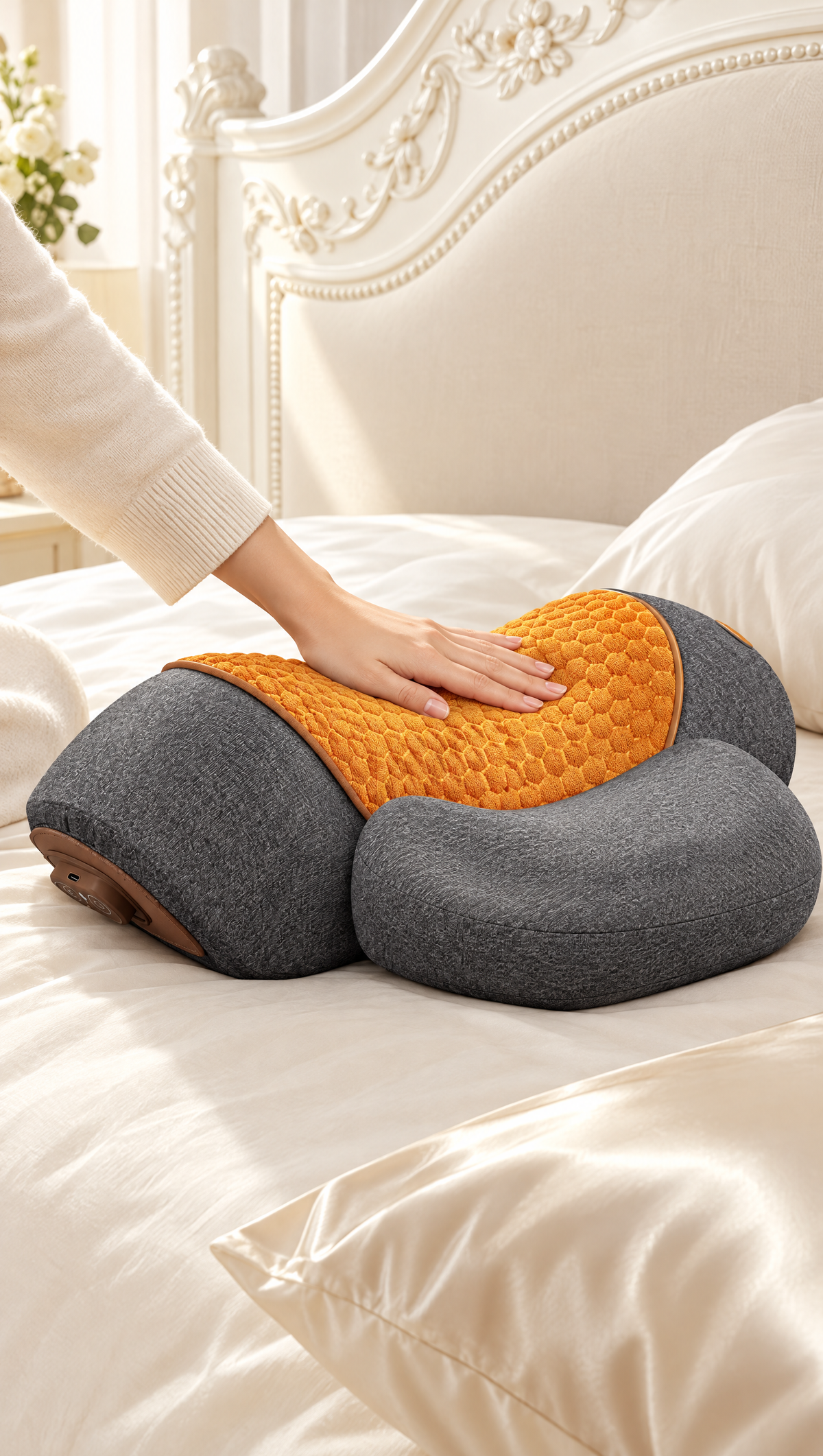 Neck pillow on a cream bed