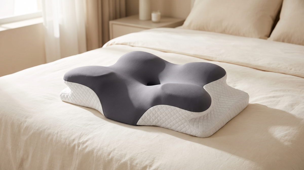 The contour pillow on cream linen bedding in morning light