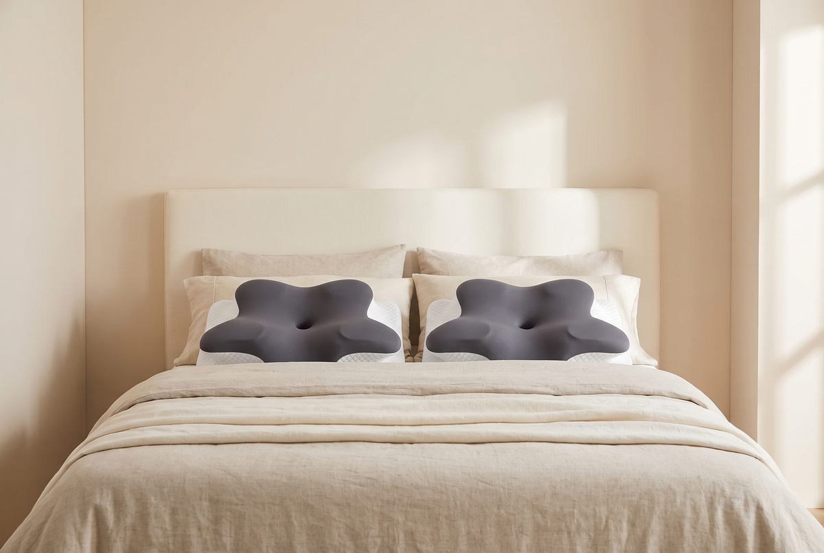 Two of the pillows side by side on a made double bed